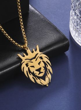 Stainless Steel Lion With King Crown Necklaces Animal