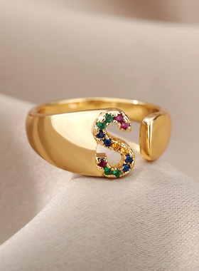 Rainbow Zircon Letter Rings For Women Stainless Steel A-Z
