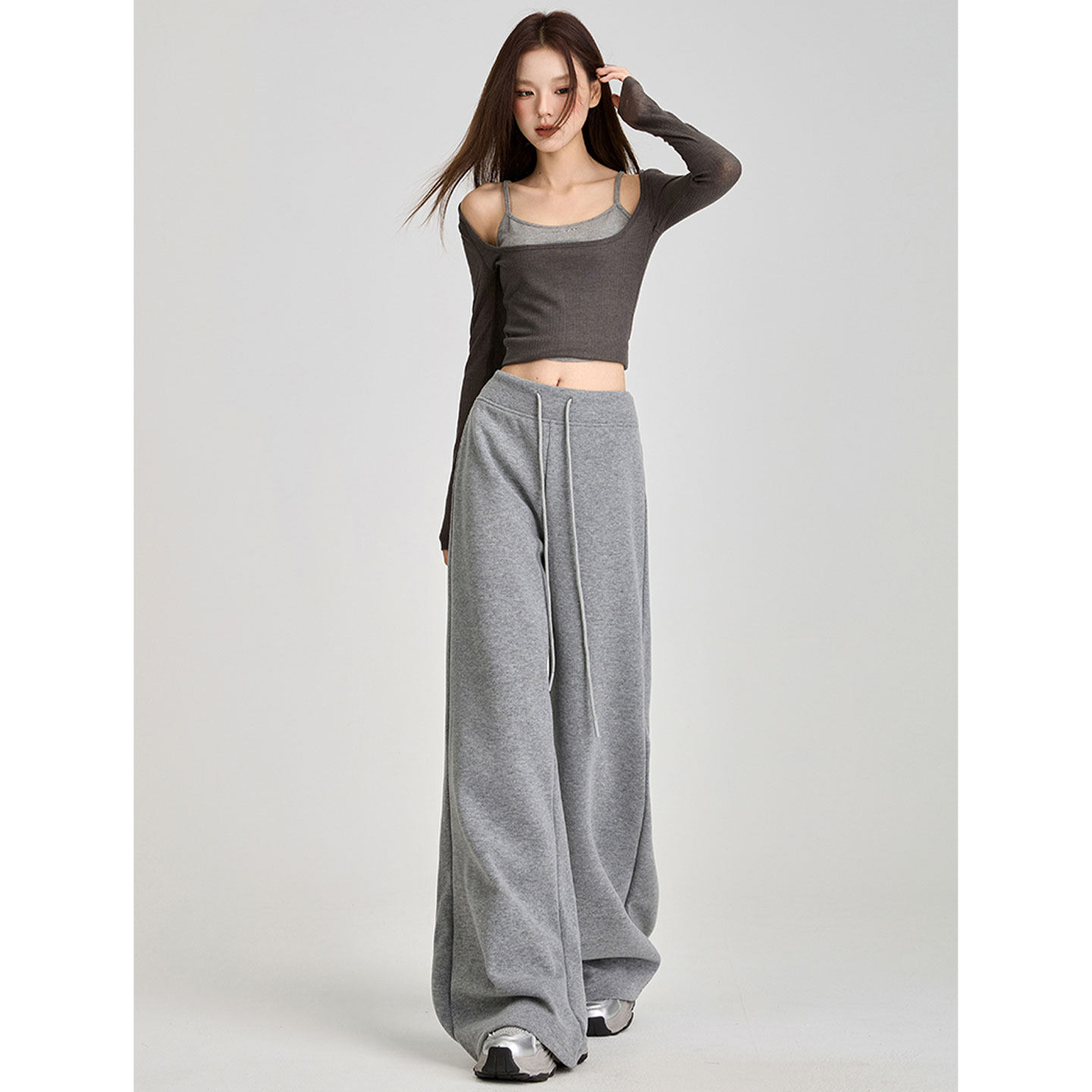 灰色加绒阔腿裤子女春季秋冬宽松垂感休闲运动卫裤加厚糯米面膜裤,淘宝优惠券,粉丝福利购,淘宝优惠卷