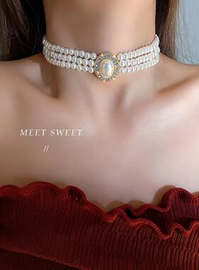 三层珍珠项链女多层轻奢小众配饰新娘婚纱礼服锁骨链颈链