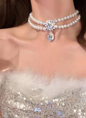 双层珍珠项链女叠戴气质轻奢小众高级感吊坠颈链锁骨链晚礼服配饰