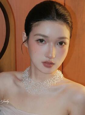 2025新款新娘覆古珍珠项炼炼多层法式高级气质颈炼炼婚纱结婚配饰