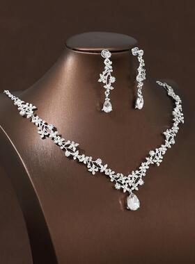 简约韩式水钻项炼耳环二件套装高级感轻奢新娘锁骨炼婚纱礼服配饰