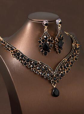 项链耳环一套装复古黑色大气水钻新娘锁骨链结婚纱宴会晚礼服配饰