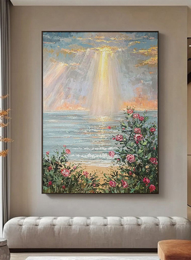 海景手绘油画红色玫瑰玄关装饰画大芬村现代简约日出走廊过道挂画