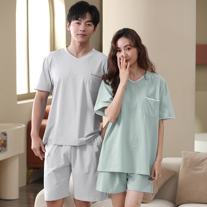 夏季睡衣男V领短袖短裤薄款情侣套装莫代尔家居服女舒适宽松透气