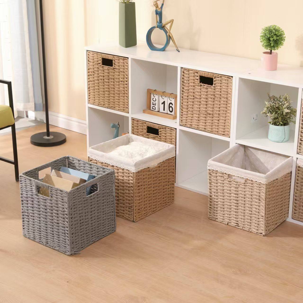 可折叠收纳筐仿藤编织格子方形可折叠衣帽间橱柜玩具收纳杂物整理,淘宝优惠券,粉丝福利购,淘宝优惠卷