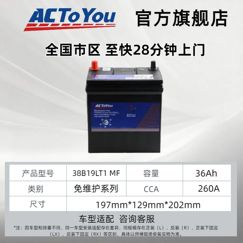 汽车电瓶 ACTOYOU 免维护铅酸蓄电池 38B19L T1 适配本田飞度 - 图1