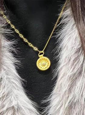 日本MUMI古法金太阳花向日葵罗盘项炼旋转吊坠小雏菊转动黄金色圆