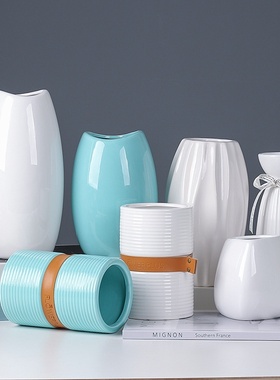 简约现代陶瓷花瓶家居白色花瓶陶瓷中式工艺品家居摆件仿真花