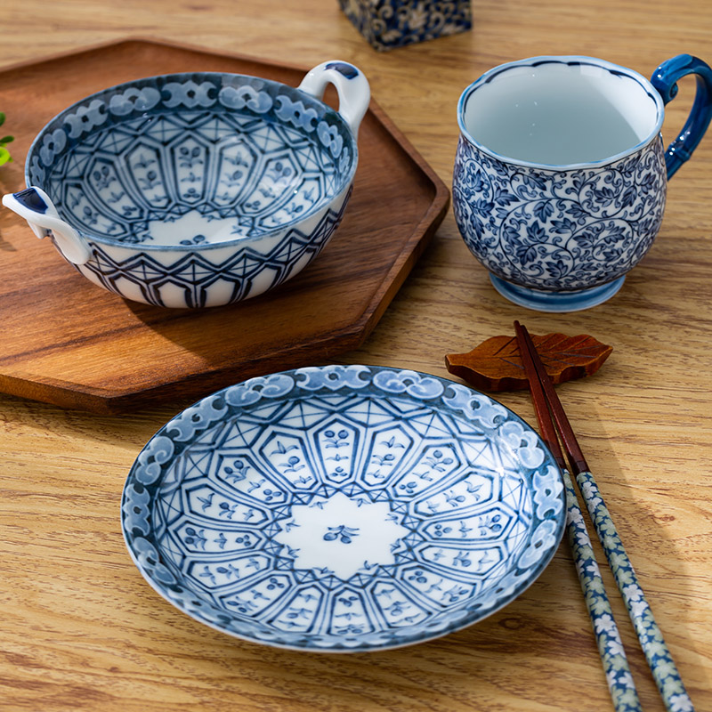 日本进口青花双耳碗盘子餐具2件套家用日式陶瓷沙拉钵碗汤碗面碗-图0
