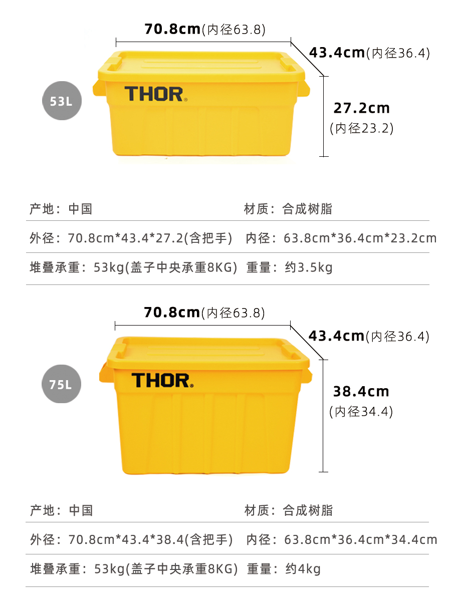 THOR收纳箱桶户外露营方形带盖车载衣服玩具收纳日式搬运箱露营 - 图0