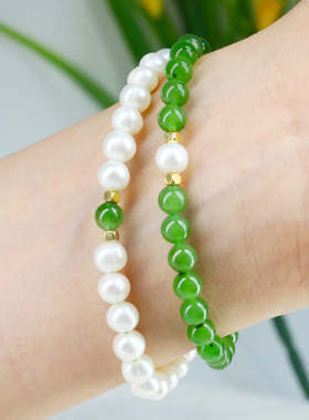 天然碧玉珍珠设计款双圈手串