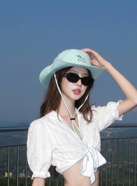 春夏女薄荷绿抽绳防晒登山帽