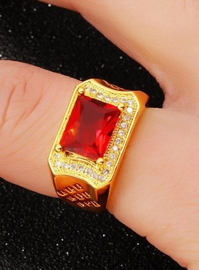 男士戒指活口沙金戒指可调节霸气轻奢红色方形大男戒