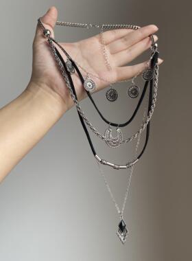 废土风多层叠戴黑色皮绳项炼女波西米亚民族风长版锁骨炼个性颈炼