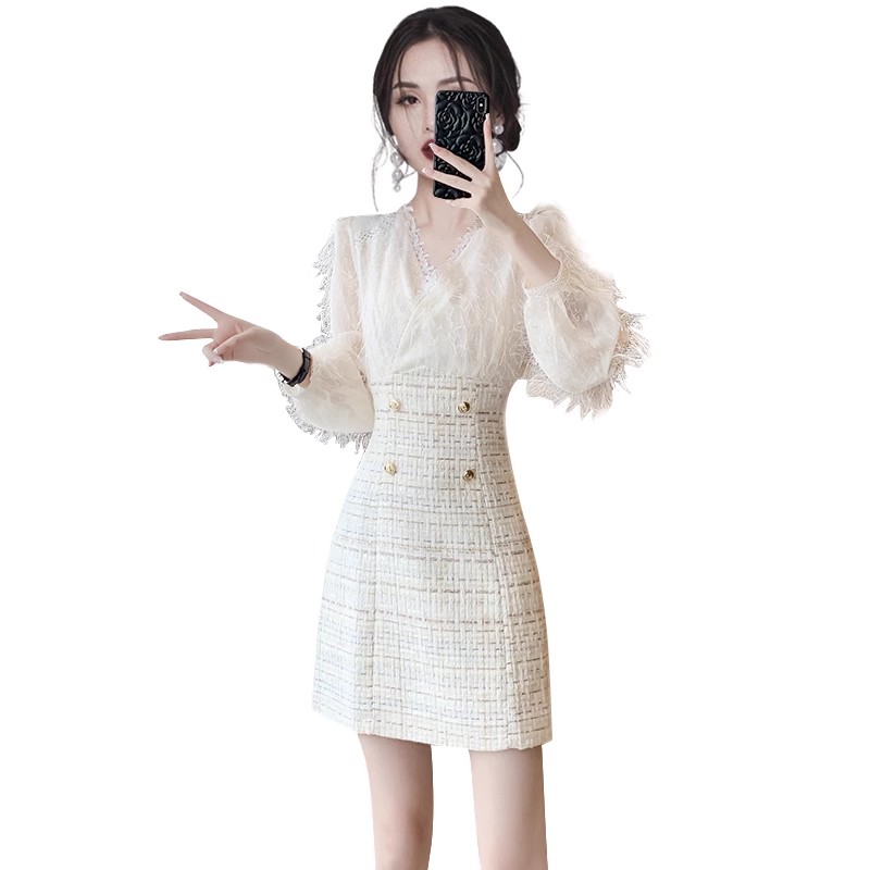 高级感法式名媛连衣裙2025秋季新款女装气质收腰粗花呢拼接蕾丝裙 - 图3