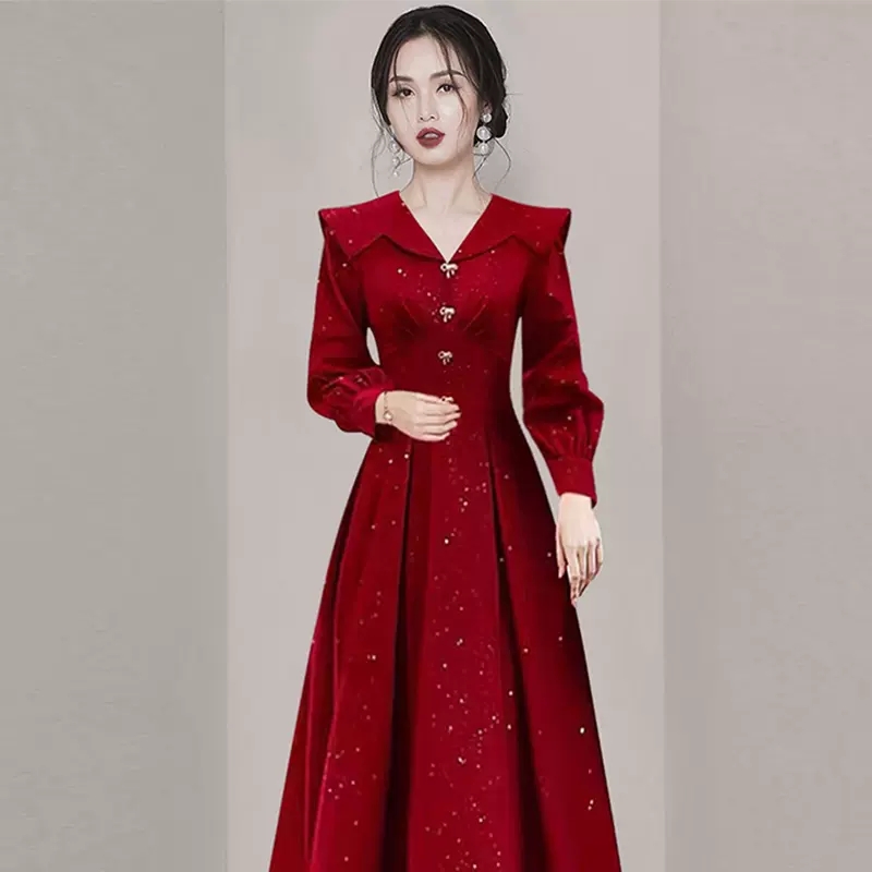 女神范高端气质名媛红色连衣裙2024春装新款女装高级感敬酒礼服裙