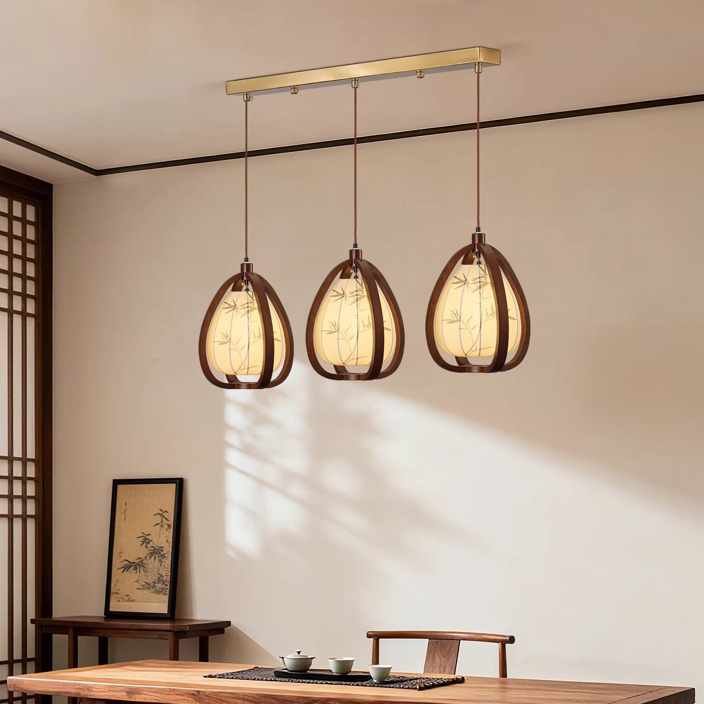 宋代美学三头长盘吊灯中古风竹叶水墨画东方禅意茶室餐厅吊线灯,淘宝优惠券,粉丝福利购,淘宝优惠卷