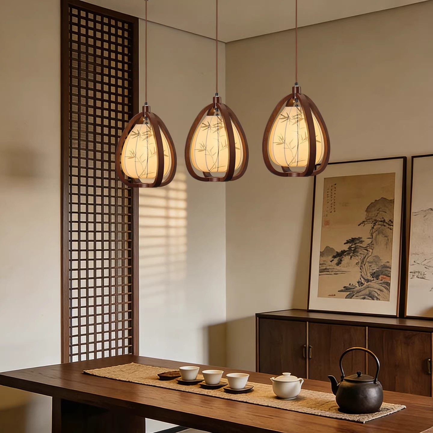 宋代美学三头长盘吊灯中古风竹叶水墨画东方禅意茶室餐厅吊线灯,淘宝优惠券,粉丝福利购,淘宝优惠卷