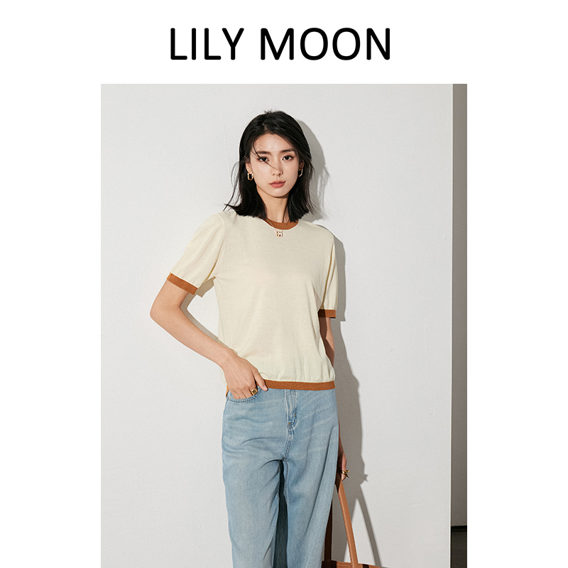 LILY MOON长绒棉撞色百搭显瘦气质短袖针织衫拼接撞色T恤夏季薄款 - 图0