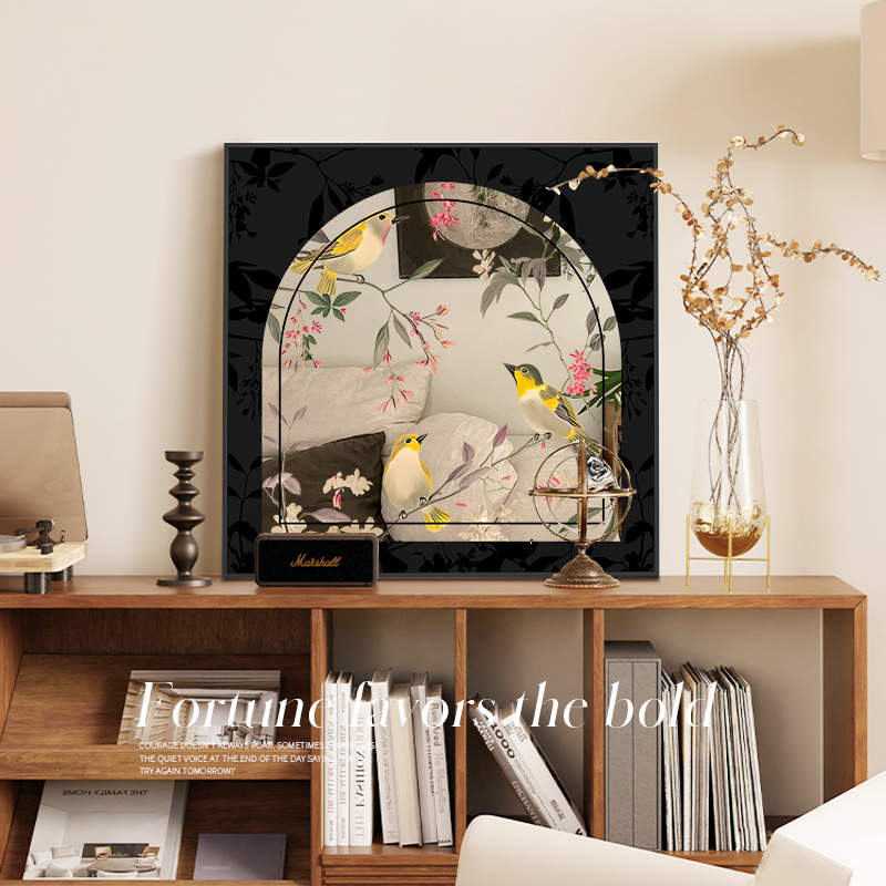新中式客厅镜子装饰画花鸟图案中古风卧室镜面挂画高级感法式壁画 - 图0