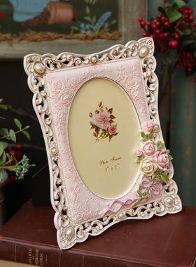 欧式粉色玫瑰装饰像框边几摆件