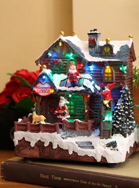 雪屋旋转鹿小矮人音乐盒彩灯摆件