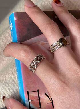 银色中古做旧虎眼石镂空食指戒