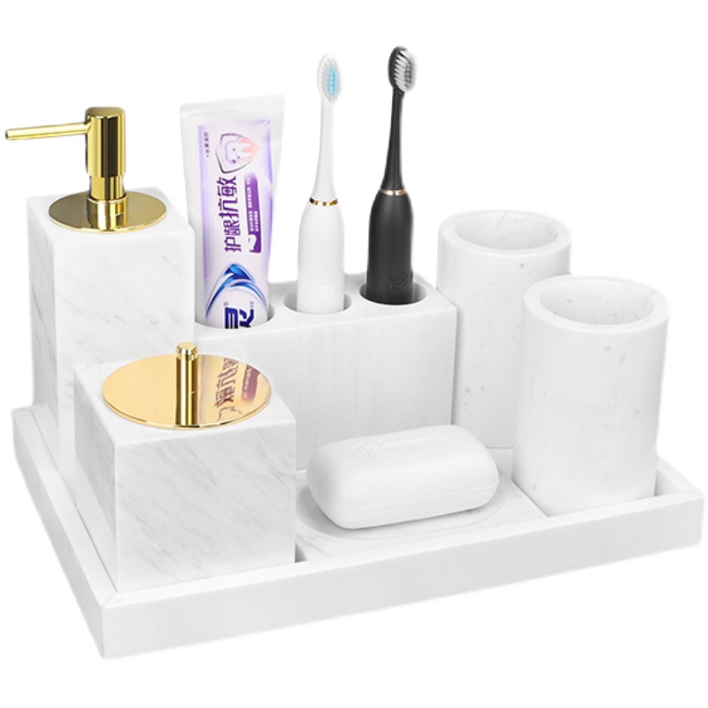 大理石卫浴洗漱套装轻奢卫生间托盘现代浴室五件套牙刷架洗手液瓶