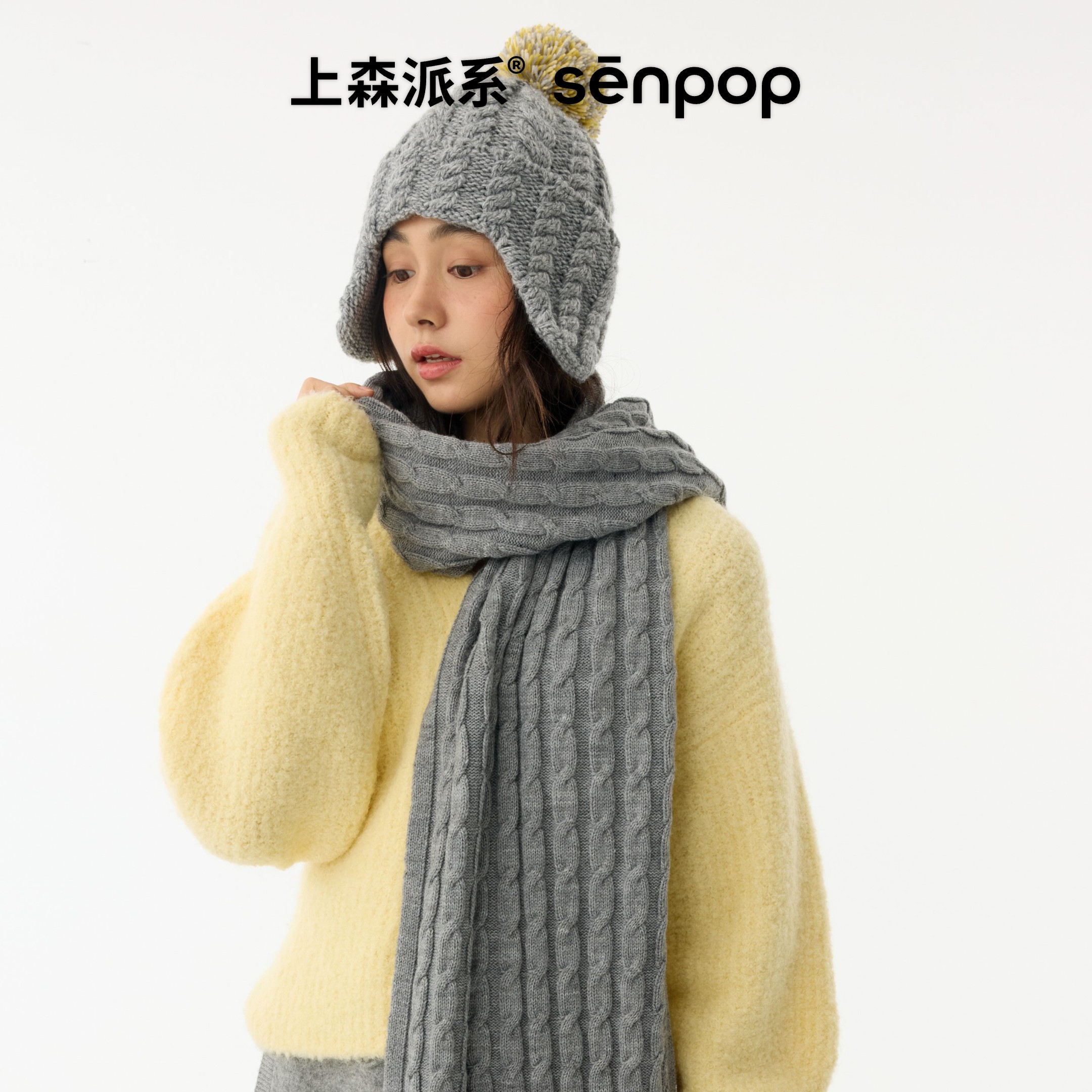 上森羊毛麻花围巾冬季保暖围巾女款绿色氛围感韩系长条围巾巴恩风 - 图2