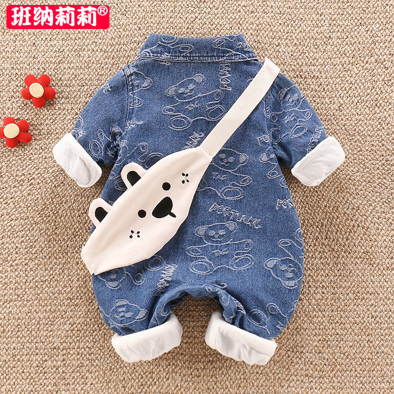 软牛仔衣服秋装外出男宝宝洋气哈衣 班纳莉莉连身衣/爬服/哈衣