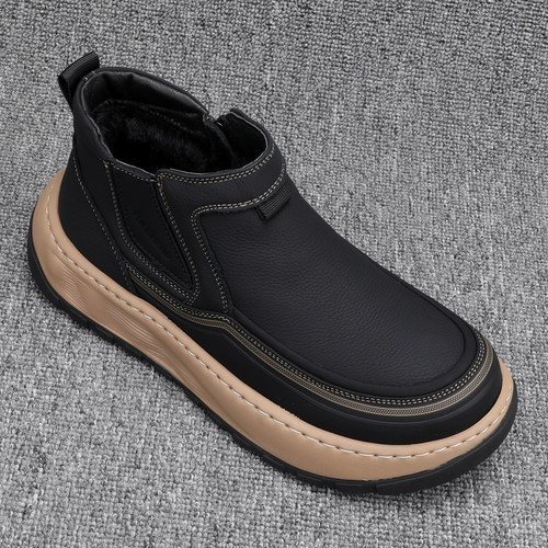 高帮男鞋冬季加绒保暖厚底雪地靴真皮防滑轻便时尚套筒切尔西棉靴 - 图0