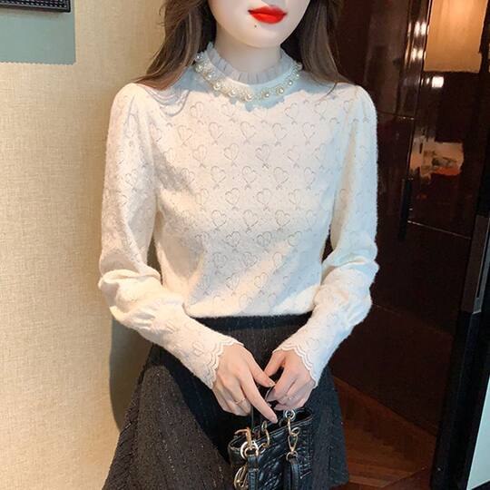 加绒加厚蕾丝衫女秋冬新款时尚韩版衬衫气质显瘦拼接百搭蕾丝上衣