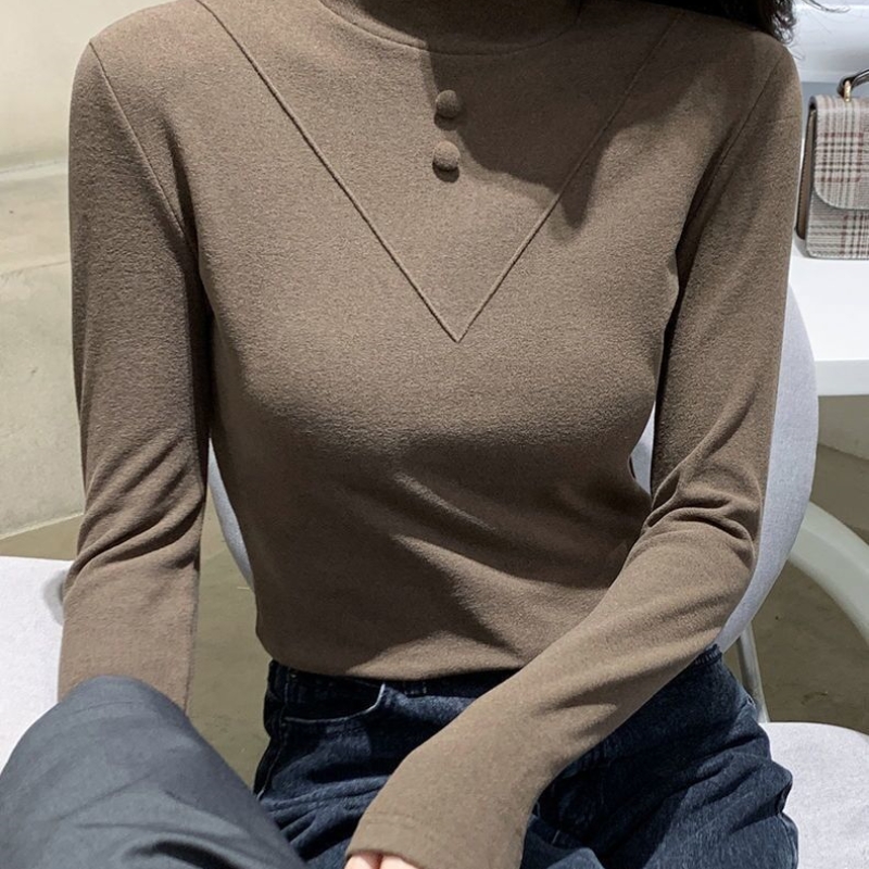 双面德绒秋冬季长袖T恤女修身显瘦保暖打底衫上衣半高领内搭大码