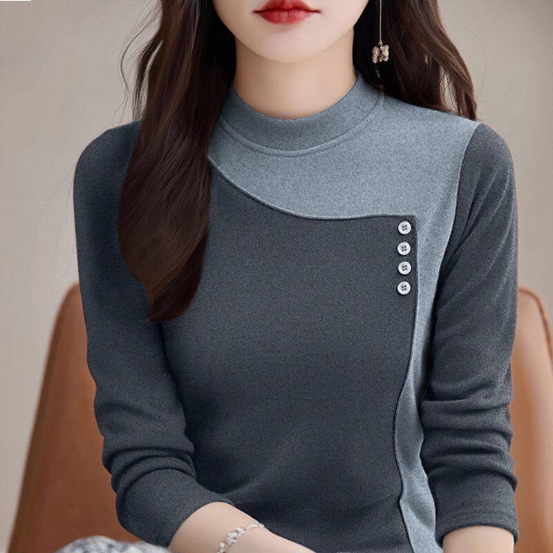 2026秋冬新款T恤德绒时尚半高领打底衫保暖显瘦拼色长袖上衣洋气