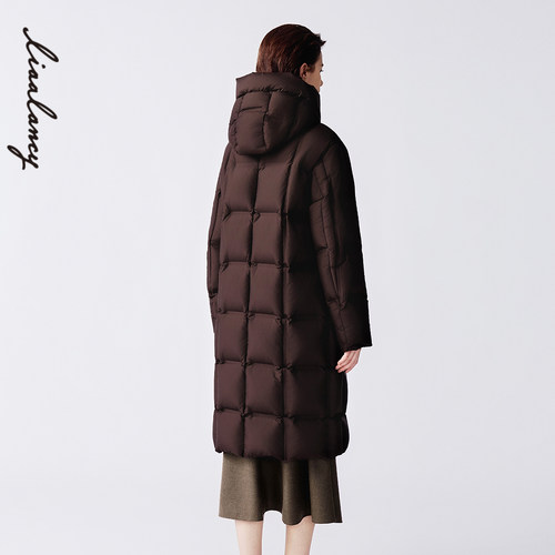 【匈牙利白鹅绒】LANCY/朗姿2025冬新款简约百搭连帽中长羽绒服女 - 图2