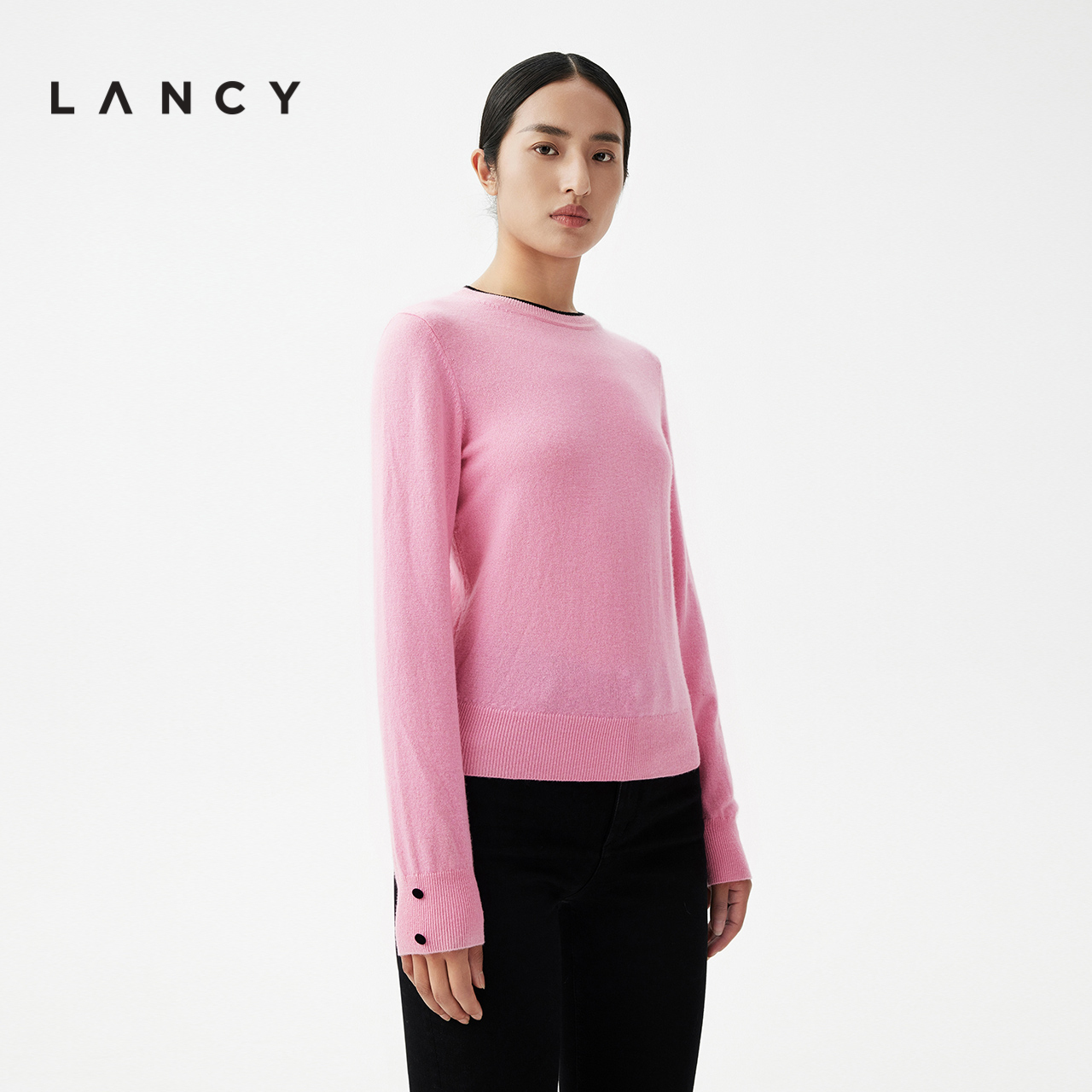 LANCY/朗姿2023秋冬季新款高端套头衫撞色显瘦高端长袖女山羊绒衫 - 图2