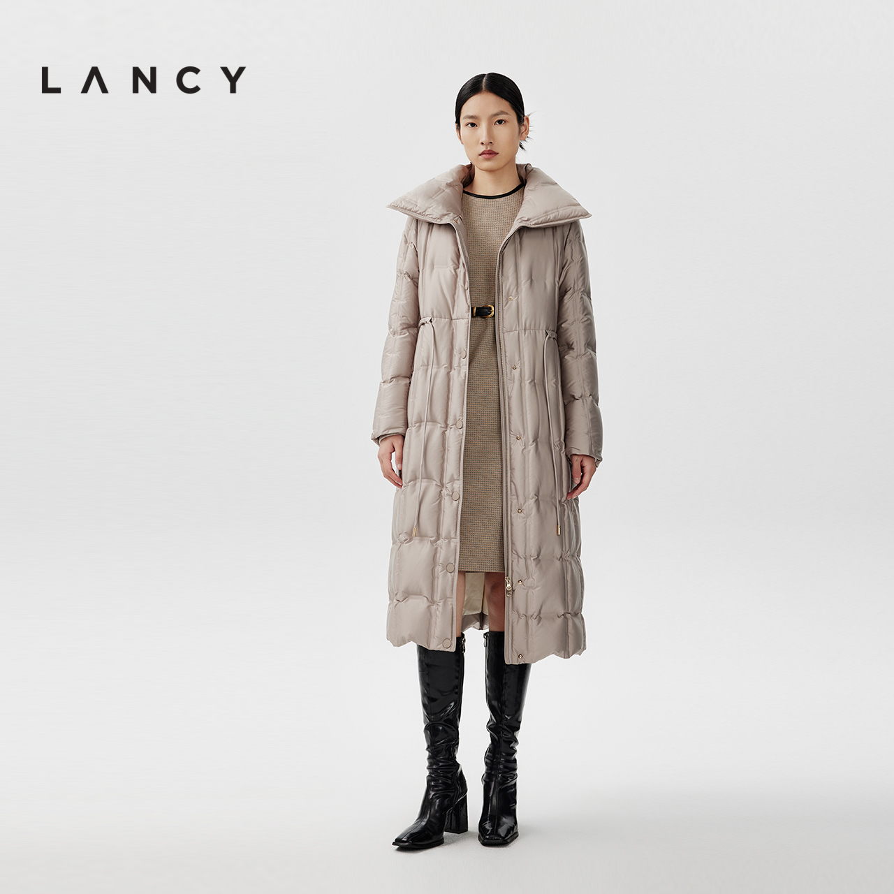 LANCY/朗姿2023冬季新款立领收腰气质白鹅绒羽绒服女高级感中长款-图0