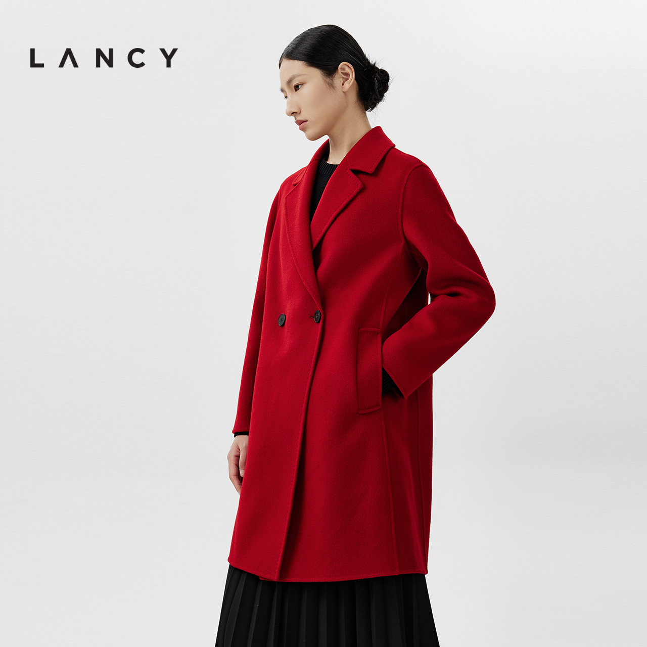 LANCY/朗姿纯羊毛双面呢毛呢大衣冬季新款高级感气质中长款外套女