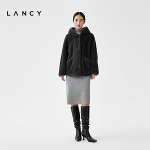 LANCY/朗姿2023秋冬新款时尚保暖水貂毛外套女高级感连帽皮草大衣