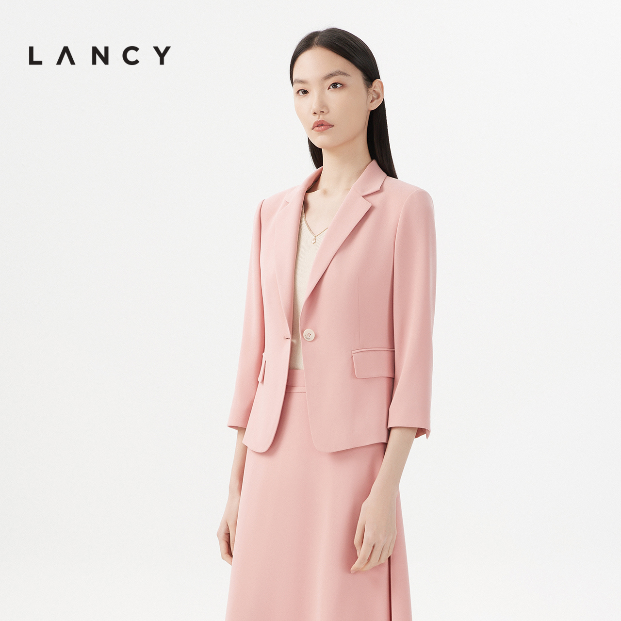 LANCY/朗姿女装2023夏季新款粉色西装外套女收腰显瘦职业西服套装