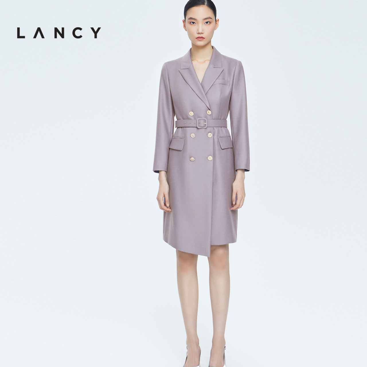 LANCY/朗姿羊绒2022冬季新款西装收腰连衣裙女羊毛女士高端裙子