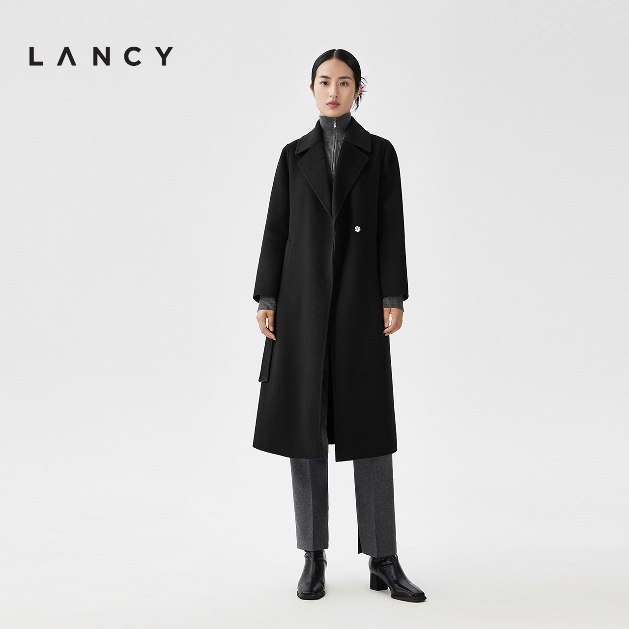 LANCY/朗姿2023秋冬新款中长款黑色羊绒大衣收腰毛呢外套女高级感