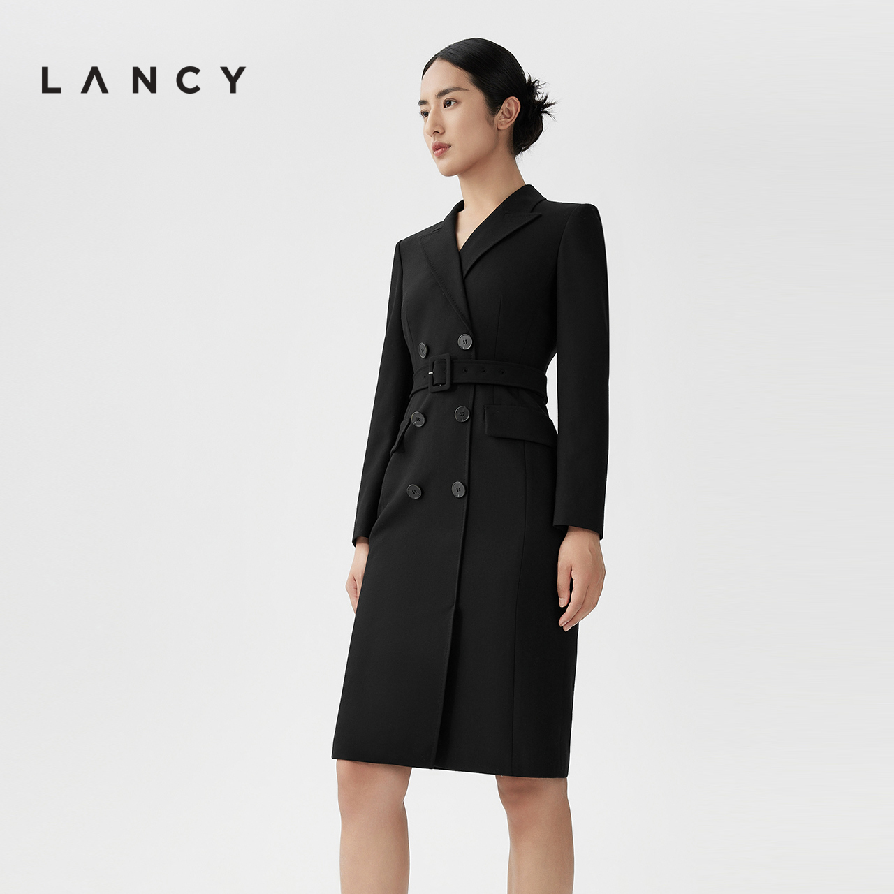 LANCY/朗姿2023秋冬季新款黑色西装连衣裙收腰显瘦长袖羊毛裙子女