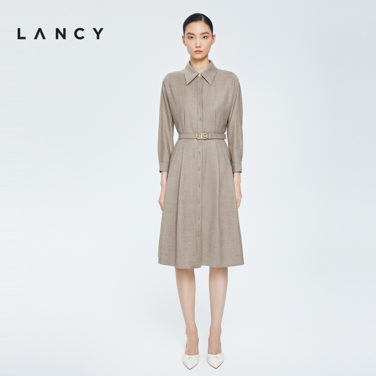 LANCY/朗姿羊毛2022冬季新款衬衫式连衣裙收腰显瘦通勤高端女裙子