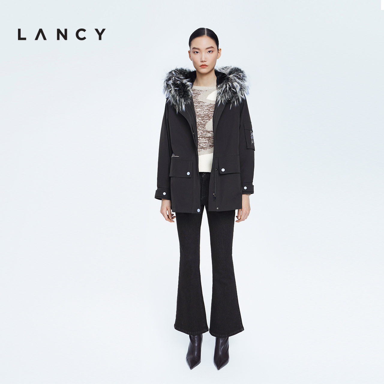 LANCY/朗姿2022冬季新款连帽兔毛皮草宽松派克服休闲女高端外套女