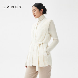 LANCY/朗姿2023秋冬新款白色无袖水貂毛皮草外套女收腰高级感马甲