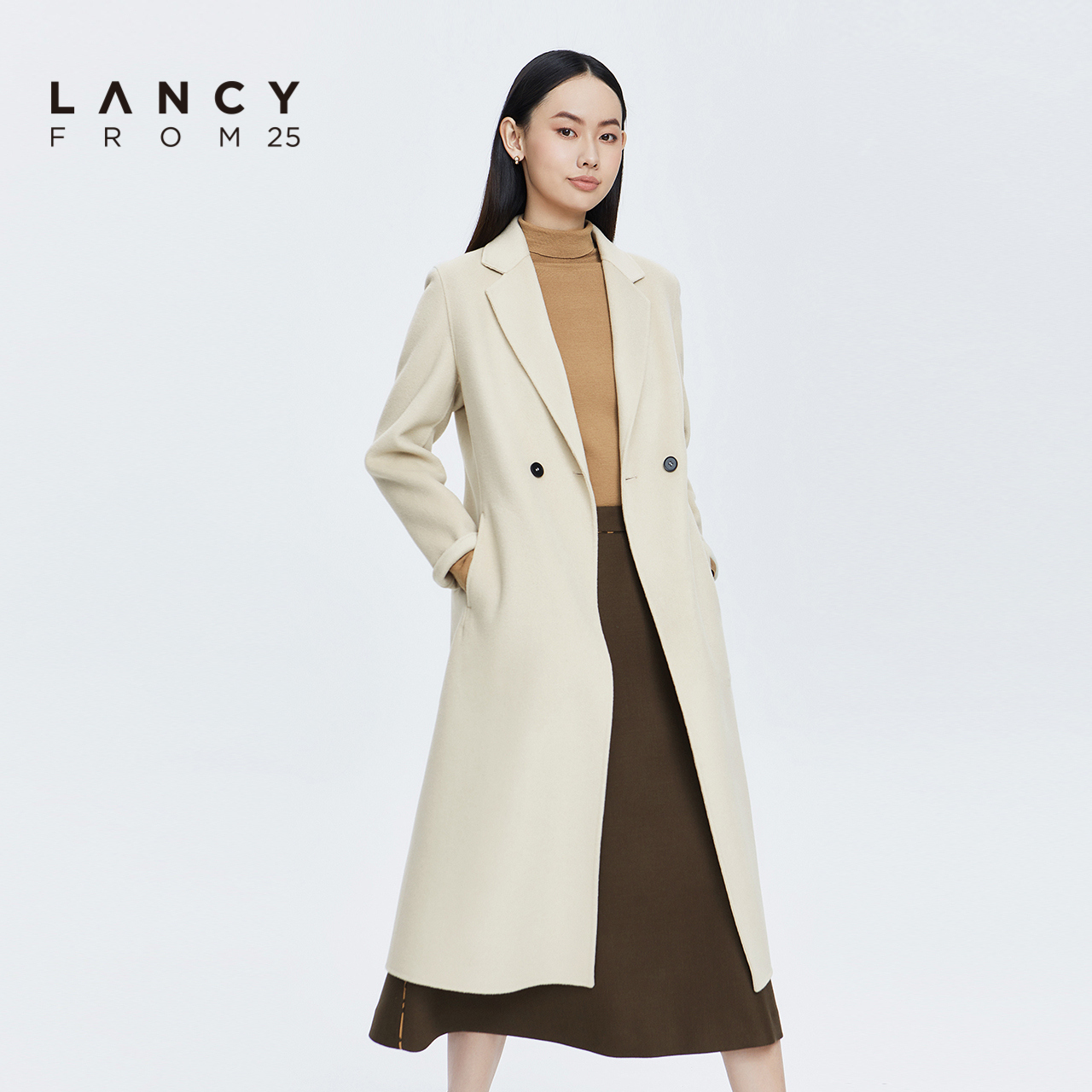 LANCY/悦朗姿2022冬季新款中长款羊毛大衣女通勤高级感羊绒外套女