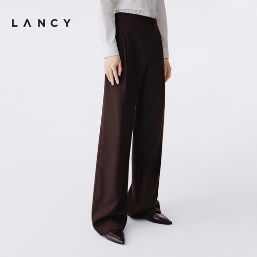 LANCY/朗姿2025冬新款高级感羊毛高腰阔腿西装裤女设计感通勤长裤 - 图2
